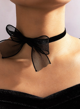 法国优雅黑色项圈choker网纱绢纱蝴蝶结项链小众设计项饰