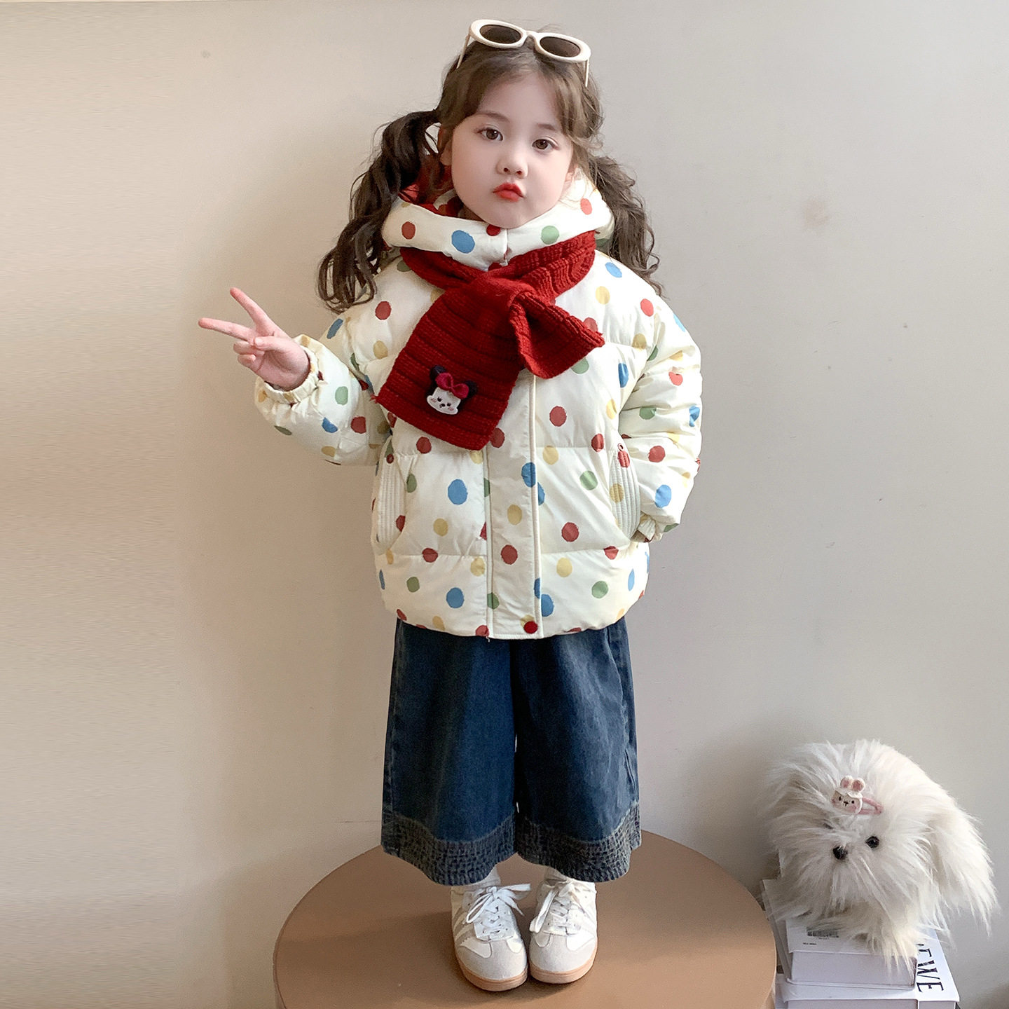 女小童加绒棉服冬季2025新款女彩点加厚外套冬装儿童卡通棉衣P115，童装棉衣，祺妙童装