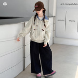 女童加绒外套2025年秋冬新款中大童格子卫衣开衫卡通刺绣外出上衣，童装外套，祺儿童装