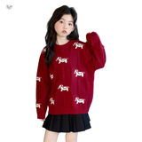 女童加厚毛衣2025年冬季新款中大童红色小马针织衫可爱新年服上衣，童装毛衣，祺儿童装