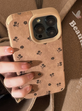 retro brown flowers faux leather Case适用iphone 11 12 13 14 15 16 plus 17 pro max