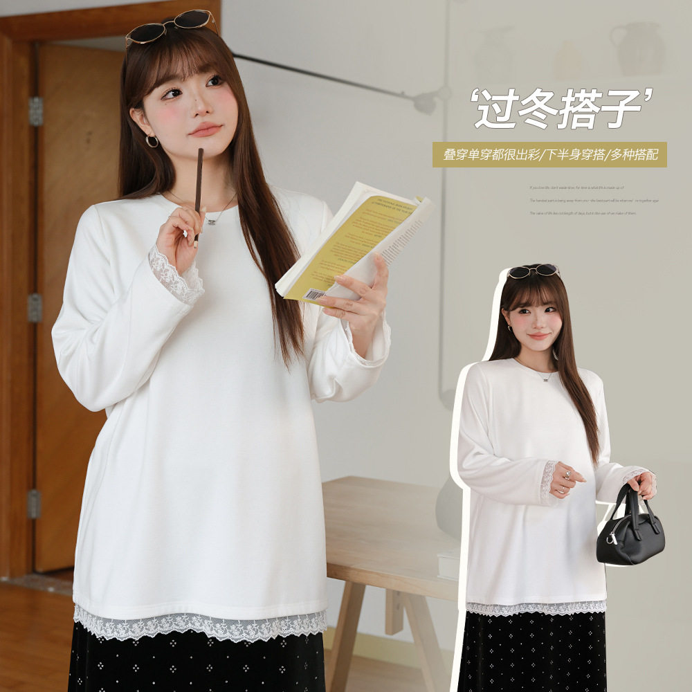 韩系气质正肩蕾丝拼接圆领上衣女胖mm大码女装宽松遮肉长袖T恤潮