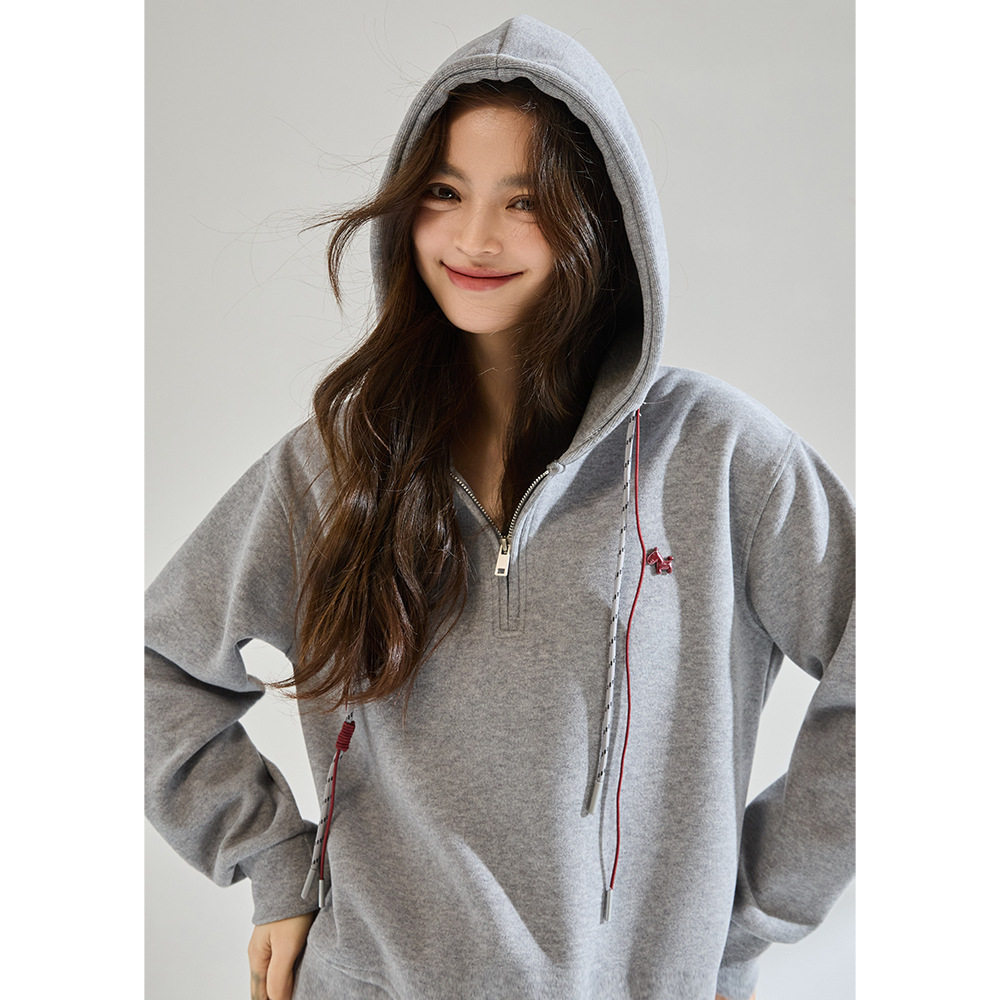 26春装新款 马年图案撞色连帽半拉链套头懒人卫衣套装