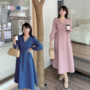 韩版 秋款 女装 连衣裙胖妹妹裙子潮 气质V领收腰长款 泡泡袖 法式 大码