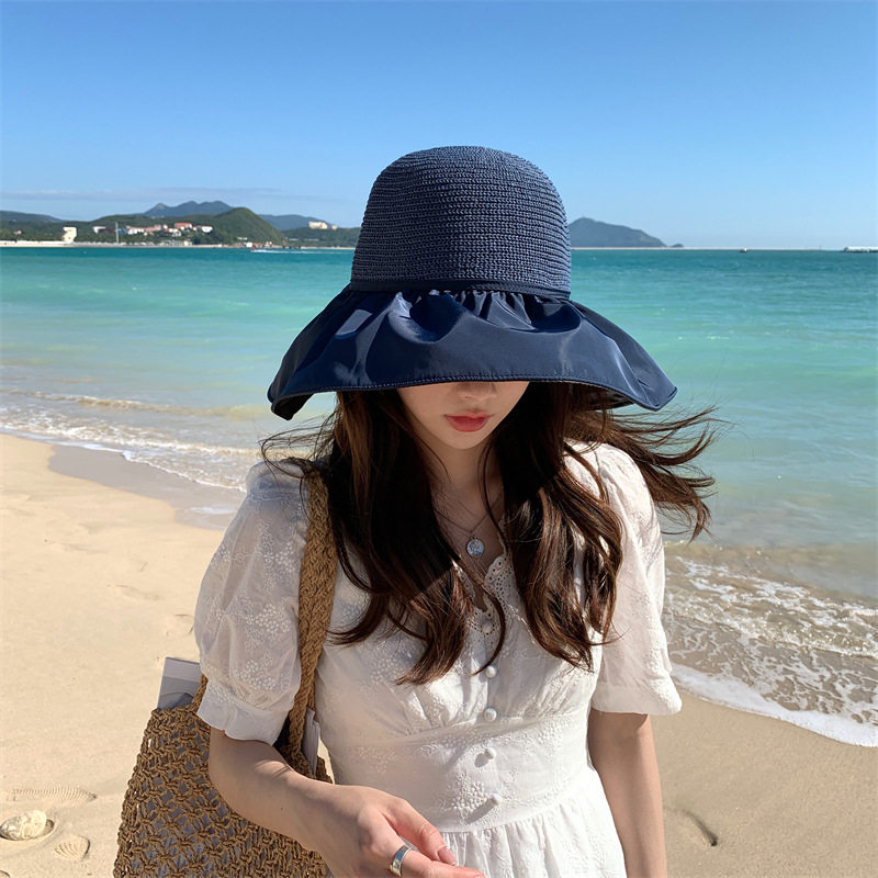 蝴蝶结女大檐百搭防晒遮阳帽夏季新款沙滩帽镂空可折叠太阳帽