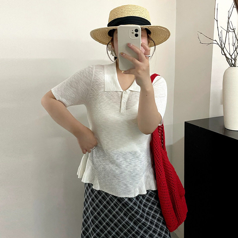 23950大码女装显瘦polo领上衣女荷叶边针织衫2026夏款胖mm短袖t恤