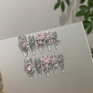 纯手工穿戴甲端透黑银色猫眼长款美甲片重工粉钻长尖假指甲贴片