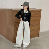 女童2025年冬季新款腰口绣花加绒弯刀裤女大童拼接加厚保暖阔腿裤，童装裤子，祺儿童装