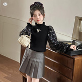 女童2025年春秋新款公主网纱蝴蝶结毛衣女大童灯笼袖木耳边毛毛衣，童装毛衣，祺儿童装