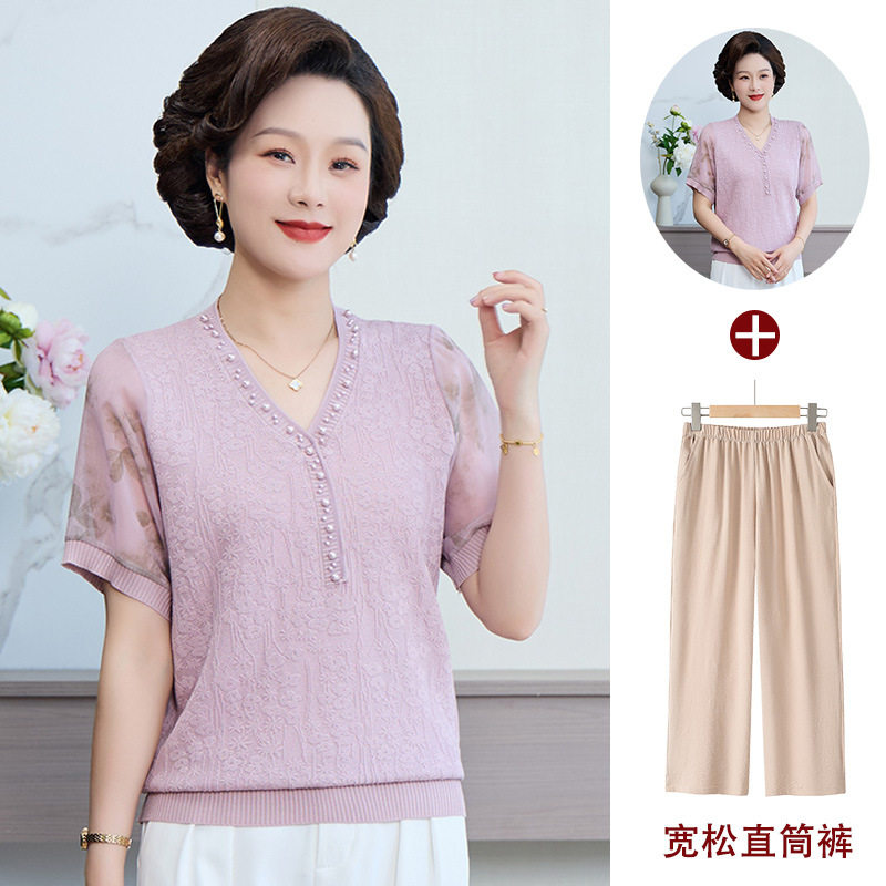 妈妈夏装洋气冰丝短袖T恤中老年女时尚翻领宽松上衣奶奶套头小衫