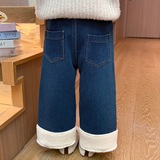 女小童加绒牛仔裤冬季洋气女加厚休闲裤冬装儿童卡通阔腿裤潮P72，童装裤子，祺妙童装