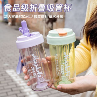 吸管杯女学生上学专用便携茶水分离塑料杯子 高颜值水杯女生新款