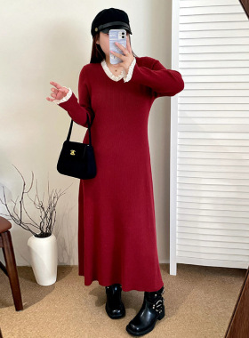 乃粒23285大码女装拼接花边v领毛衣裙中长款针织裙25冬胖mm连衣裙