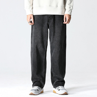 美式牛仔裤慵懒风宽松直筒黑色潮牌百搭阔腿大码裤子