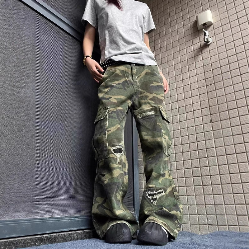 美式复古水洗做旧割破vibe多口袋工装裤女直筒微喇牛仔裤