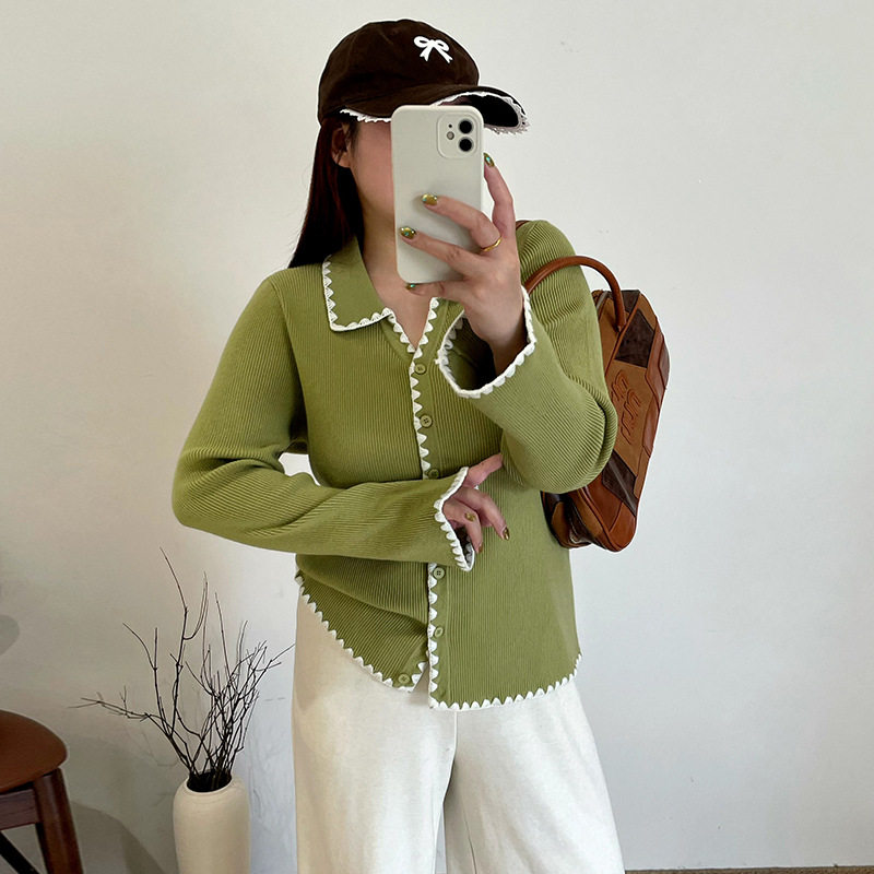 大码女装气质POLO领撞色花边上衣女毛衣2025冬胖mm休闲针织开衫潮