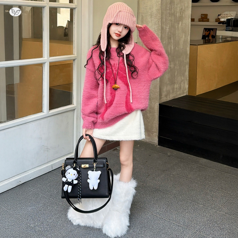 女童水貂绒毛衣2025年秋冬新款中大童韩系蝴蝶结针织衫软糯打底衫，童装毛衣，祺儿童装