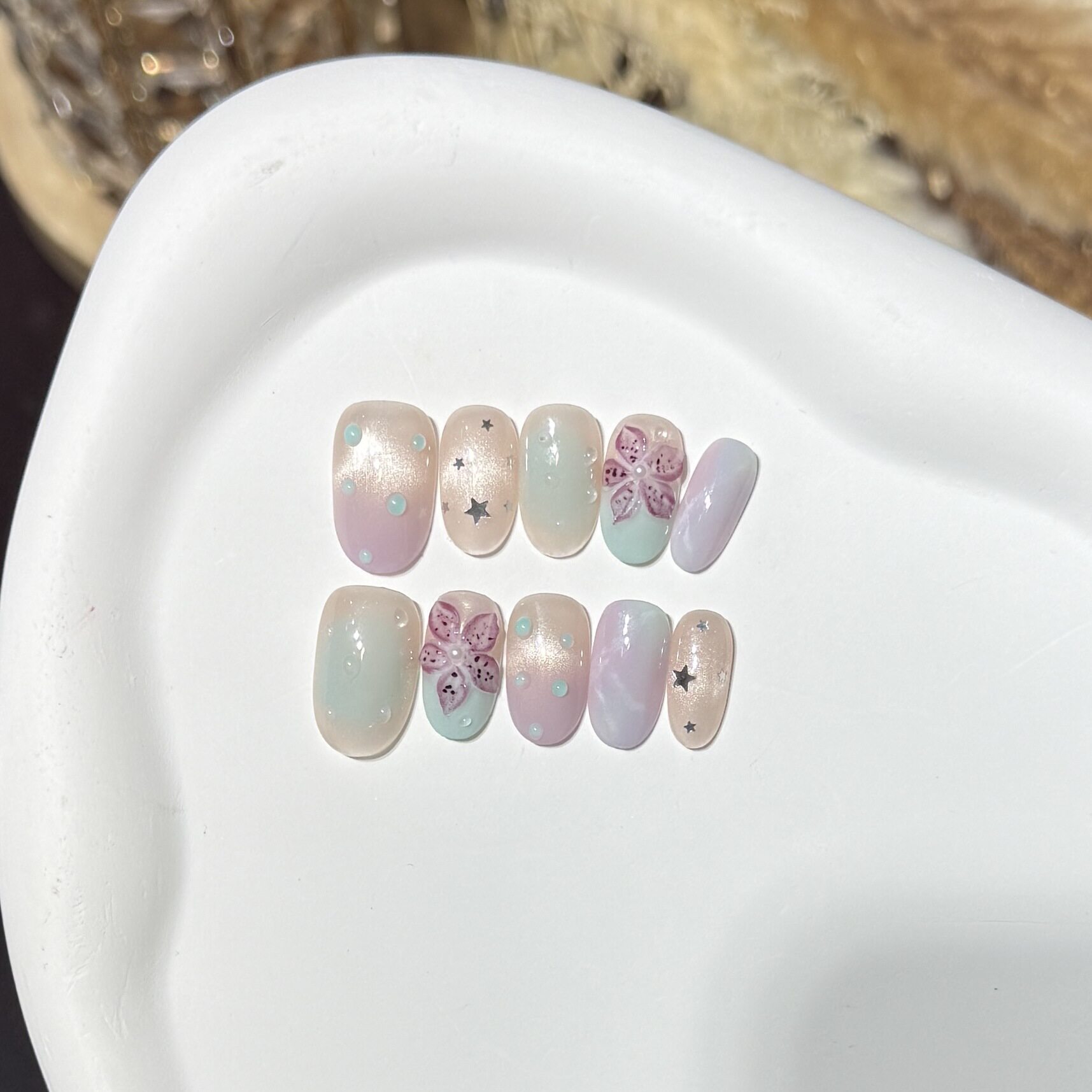 【星语海棠】温柔紫色短款猫眼美甲法式雕花手工穿戴甲甲片