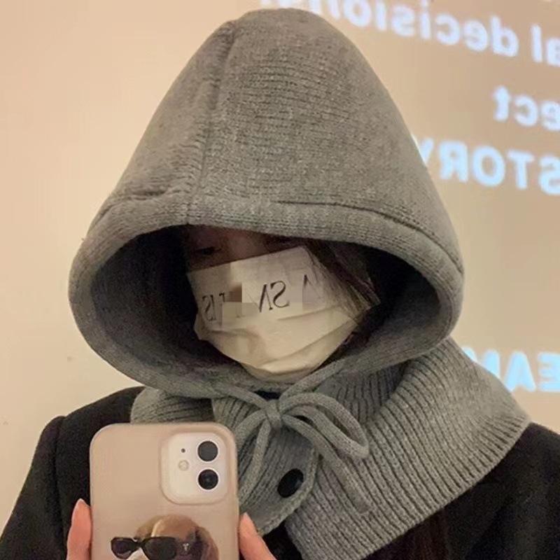 韩国巴拉克拉法帽子围巾一体女秋冬季保暖护耳连帽围脖针织毛线帽
