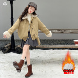 女童加绒外套2025年冬季新款中大童韩系派克服毛毛拼接棉衣夹克衫，童装外套，祺儿童装