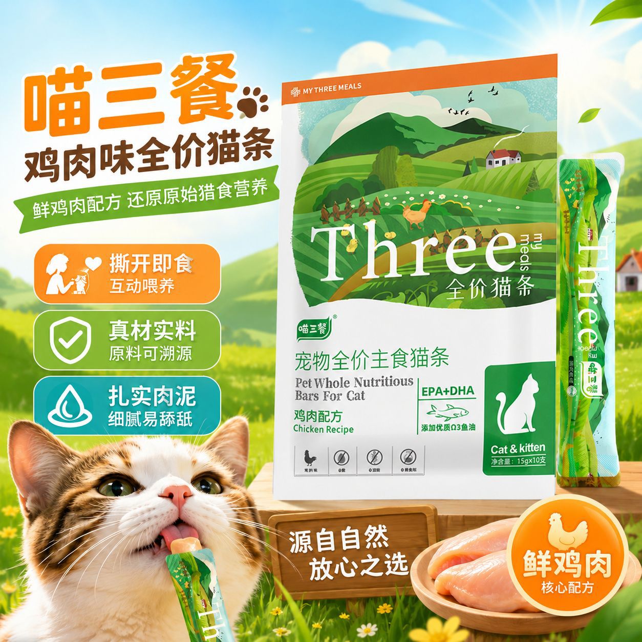 喵三餐全价主食猫条鸡肉味三文鱼