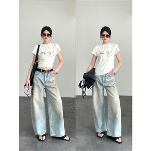 韩系chic！小鹿花卉印花正肩短袖可爱俏皮独特修身小T恤上衣女春