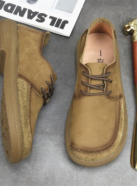 新款系带鞋宽头真皮休闲皮鞋复古百搭软皮软底鞋子宽脚潮