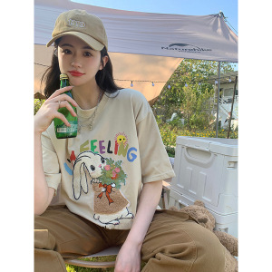 设计感刺绣打底衫短袖T恤女装2024夏季新款宽松内搭小众显瘦上衣