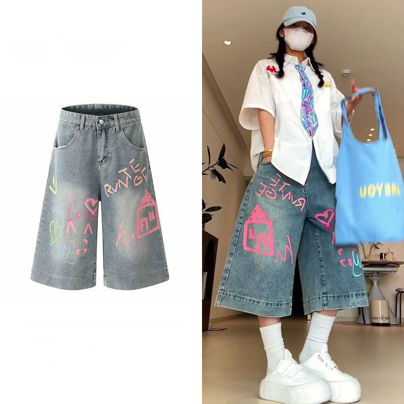 矮个子印花卡通七分牛仔裤女夏新牛仔裤