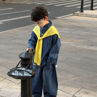 韩系春装新2026春季新款儿童条纹水洗牛仔套装童韩版洋气两件套潮