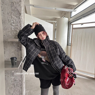 正品现货可追溯白鸭绒FISHYU冬季新款复古格纹短款保暖羽绒服外套