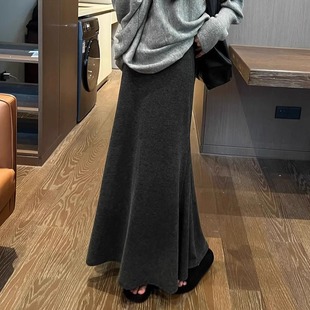 黑色鱼尾裙女秋冬季 裙 长裙百搭气质a字包臀显瘦针织半身裙中长款