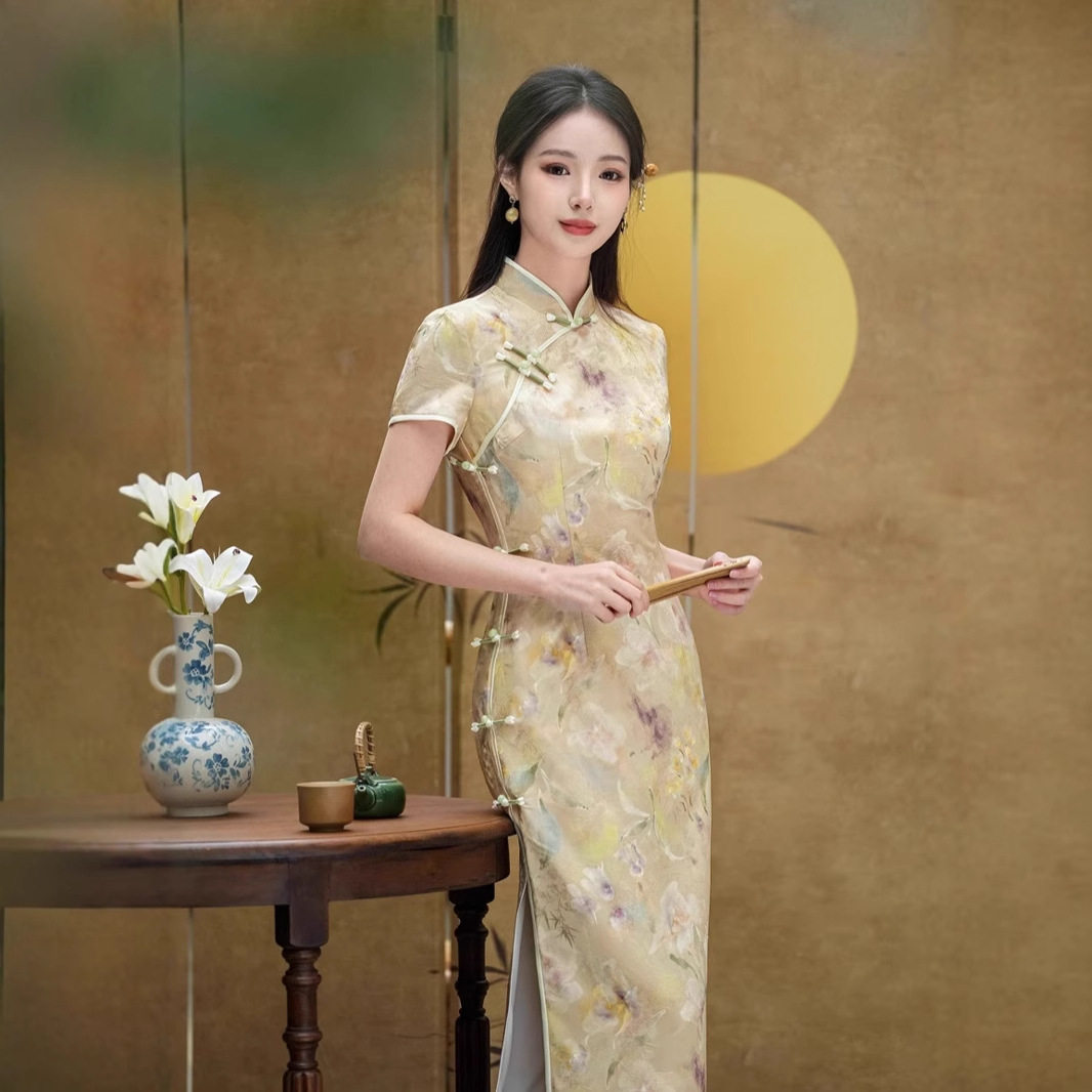 春夏黄色旗袍连衣裙复古优雅年轻款少女蚀骨中国风长款日常小个子
