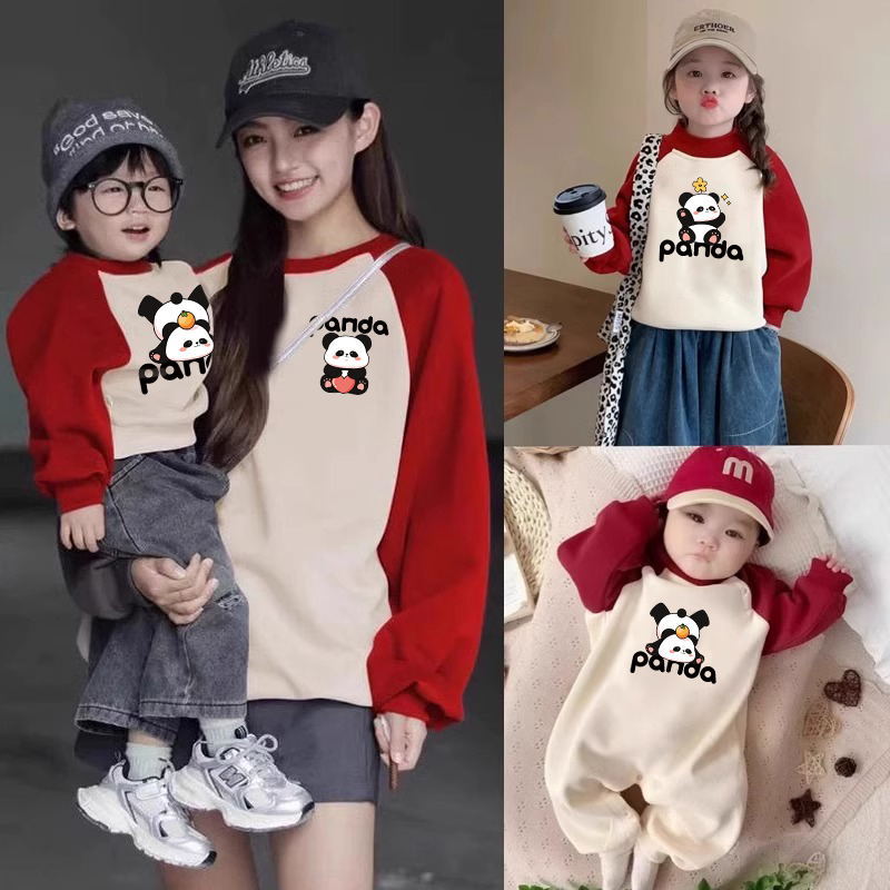 趣味卡通熊猫亲子装0-6个月小婴儿连体衣秋季新款全家装卫衣发