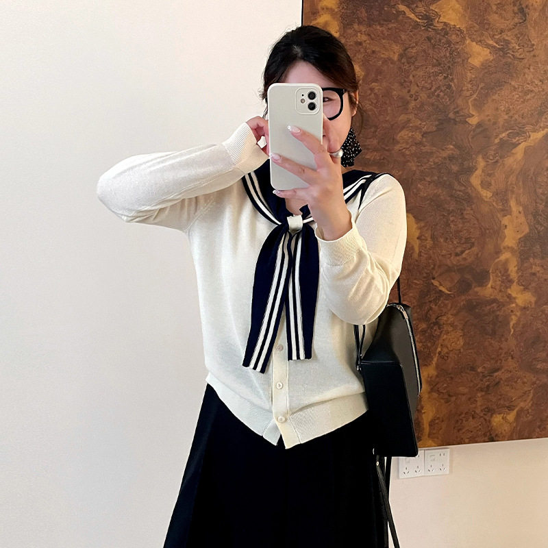 乃粒25091大码女装海军领针织开衫女2026秋款胖mm飘带薄款龄外套