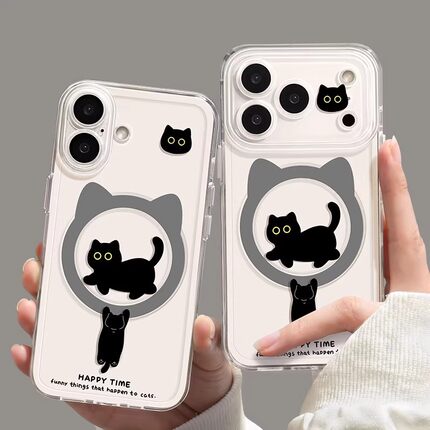 U记俏皮小黑猫磁吸支架手机壳适用苹果17透明壳iPhone16promax可爱15pro创意14plus新款13个性12pro11保护套