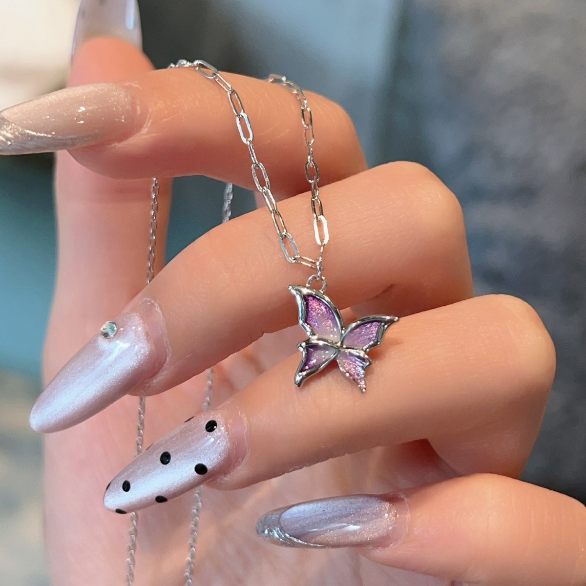 渐变紫色蝴蝶项链女S925纯银ins风甜美小众设计轻奢级感锁骨链