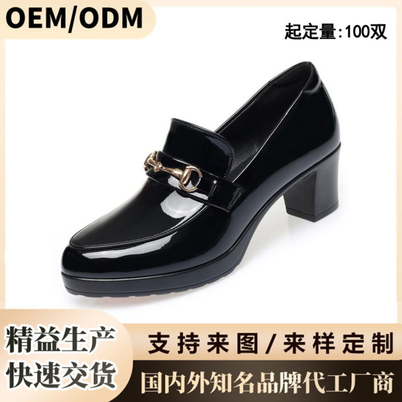 粗跟深口鞋女亮面漆皮厚底防水台舒适跟鞋春秋旗袍模特走秀鞋