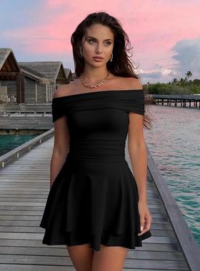 Women's Off Shoulder Mini Dress Ruffle Hem Ruched Corset