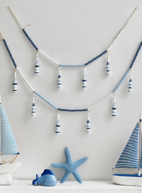 新款木质海洋风挂饰创意家居装饰品地中海风格带珠灯塔吊串木挂件