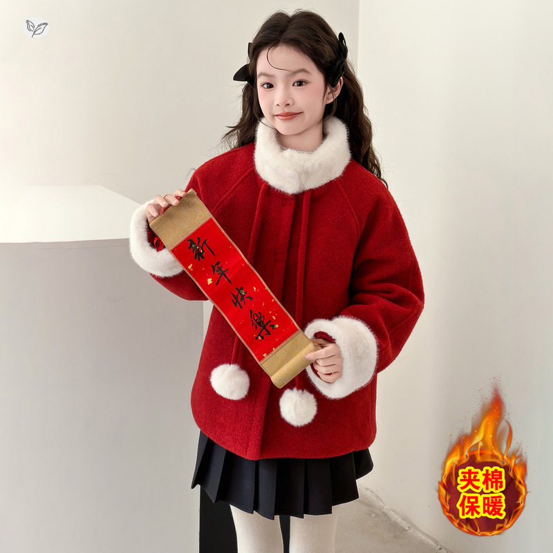女童毛领呢子外套2025冬季新款夹棉加厚棉衣中大童红色新年服上衣，童装外套，祺儿童装