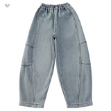 女童秋冬加绒牛仔裤2025年新款美式复古拼接弯刀裤中大童阔腿长裤，童装裤子，祺儿童装