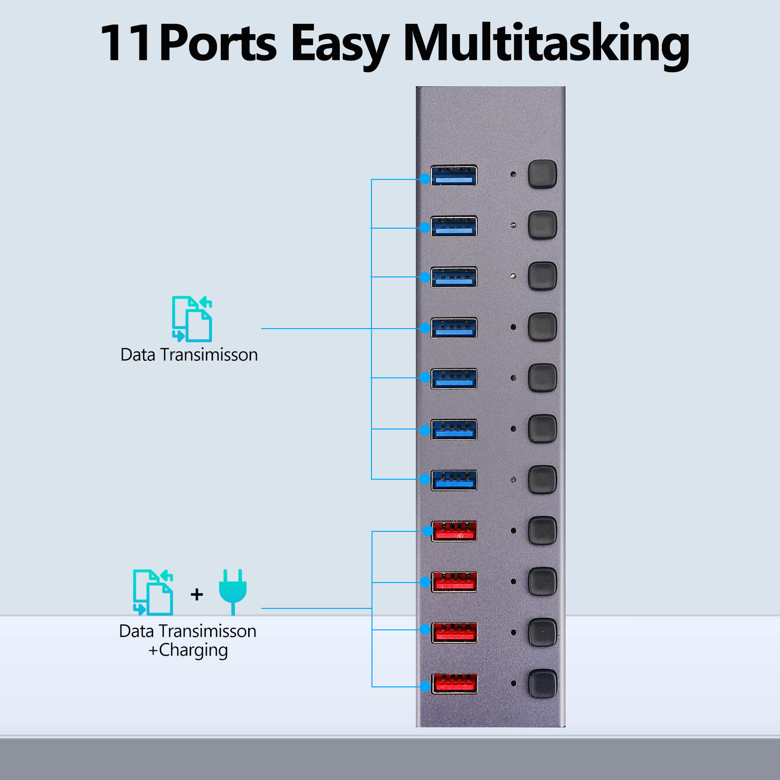 USB3.0分线器11Port带QC充电多接口HUB扩展器带独立开关带电源图片