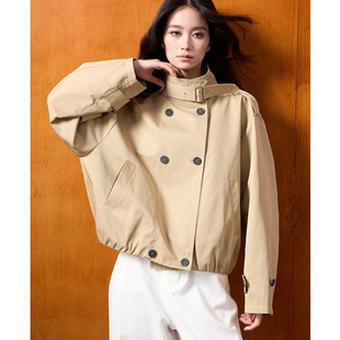 翡格依2026春款韩系宽松时髦双排扣大轮廓小个子棉风衣外套短款女
