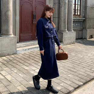 大码连衣裙女装新款秋款200斤胖mm假两件长裙炸街遮肚显瘦
