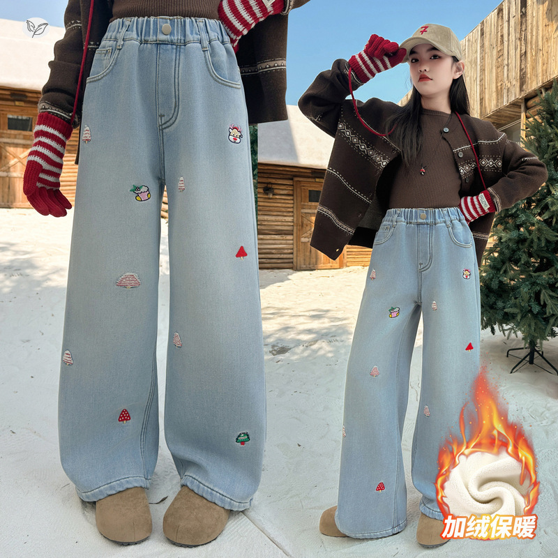女童加绒牛仔裤2025年秋冬新款休闲卡通刺绣阔腿裤中大童修身长裤，童装裤子，祺儿童装