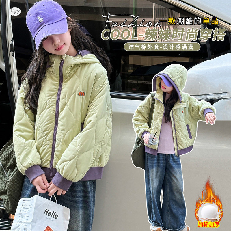 女童夹棉加厚外套2025年秋冬新款中大童休闲撞色连帽棉服短款棉衣，童装棉衣，祺儿童装