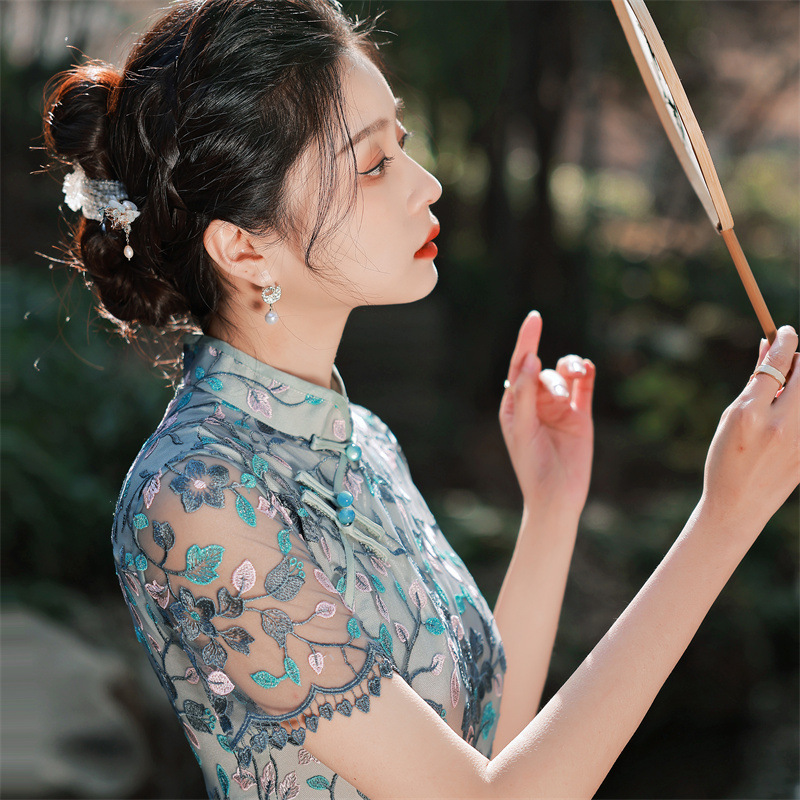 2025春夏新款双层网纱刺绣中长款旗袍仙女裙复古改良老上海连衣裙