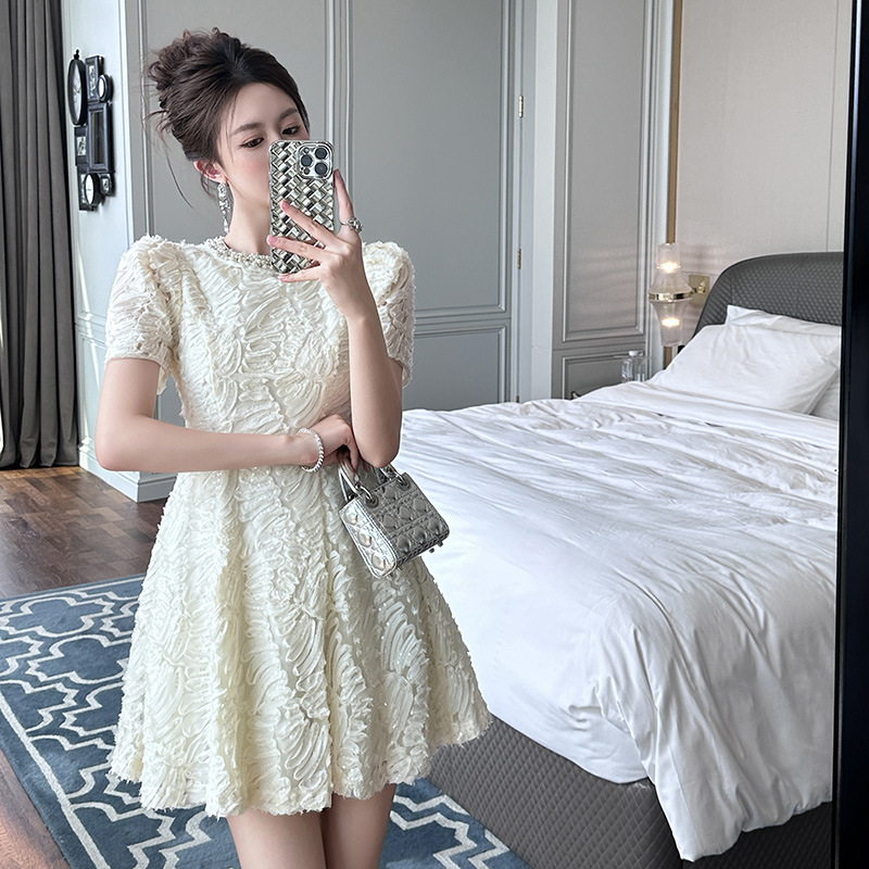 欧洲站A字连衣裙女夏日巨好看亮片拼接富家千金收腰气质生日礼服