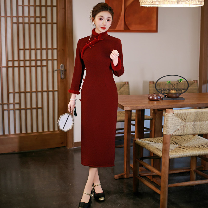 红色加厚冬装国风新中式长袖改良旗袍2025新款女复古妈妈装秋冬季